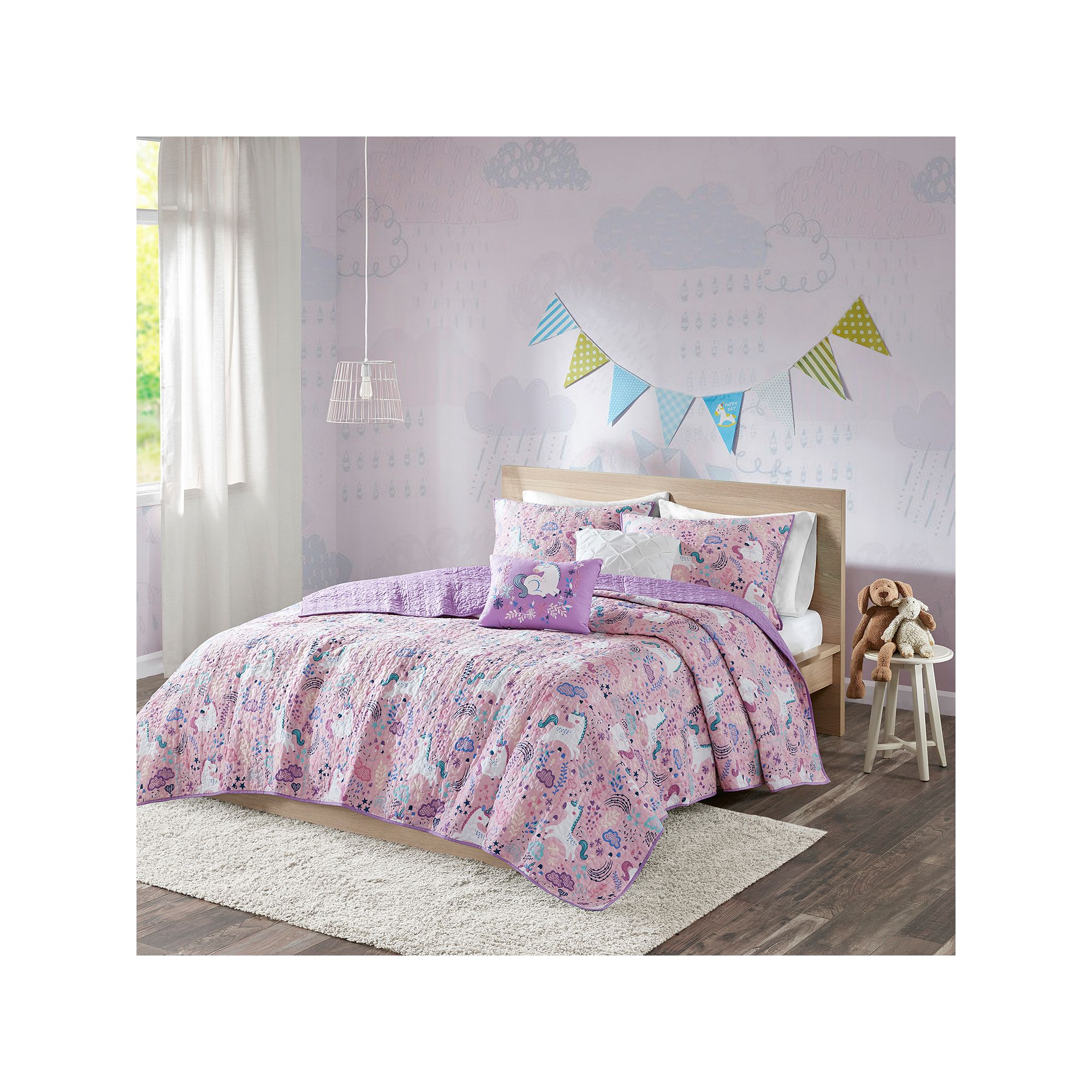 Intelligent Design Ella Reversible Unicorn Cotton Quilt Set with Throw Pill