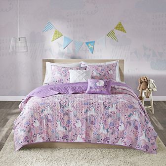 Intelligent Design Ella Reversible Unicorn Cotton Quilt Set with Throw Pillows