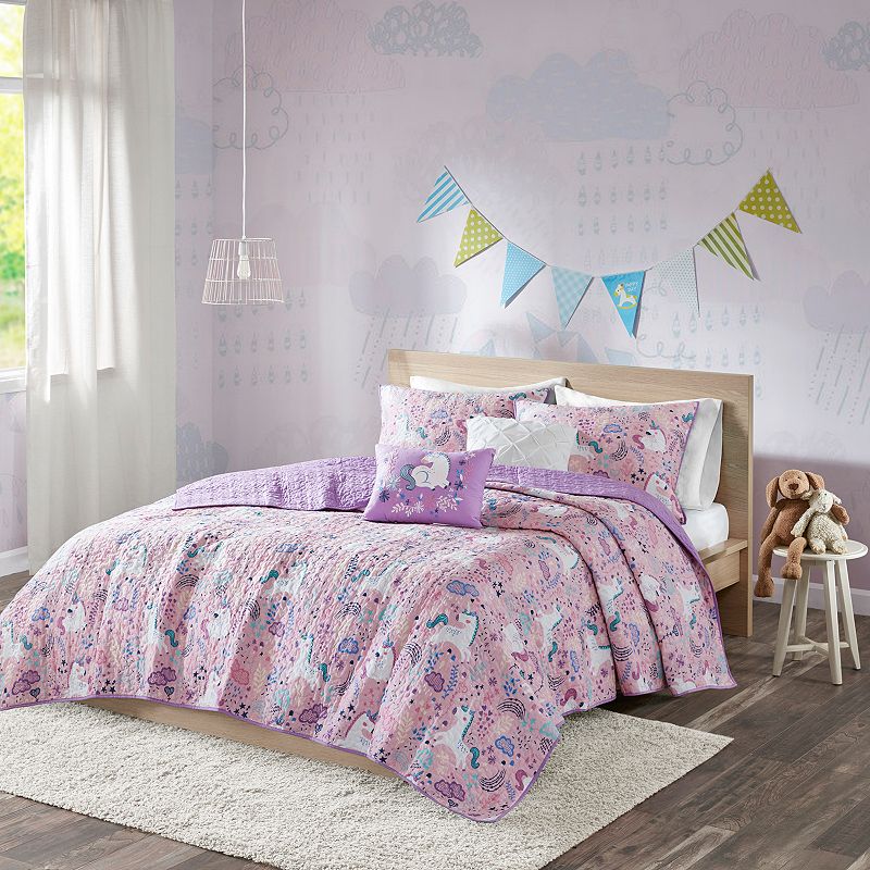 Full/Queen Laila Cotton Reversible Unicorn Print Kids' Quilt Set Pink - Urban Habitat