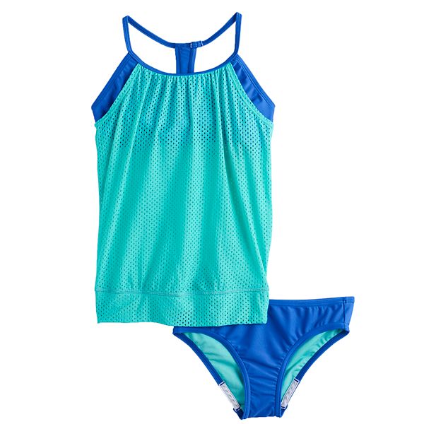 Girls 7-16 Speedo Mesh Overlay Blouson Tankini Top & Bottoms Swimsuit Set