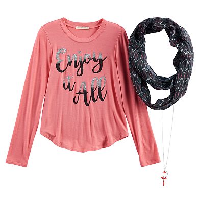 Girls 7-16 Self Esteem Foil Graphic Tee & Infinity Scarf Set with Necklace