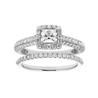 The Regal Collection 14k Gold 1 Carat T.W. IGL Certified Diamond Square Halo Engagement Ring Set