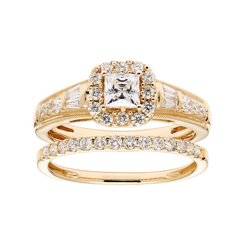 14k Gold 1 Carat T.W. IGL Certified Diamond Square Halo Engagement Ring Set