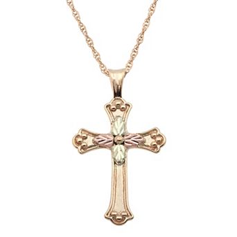 Black Hills Gold Tri Tone Flower Cross Pendant Necklace