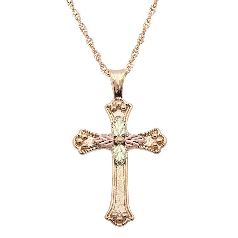 Black Hills Gold Tri Tone Flower Cross Pendant Necklace, Womens, Size: 18