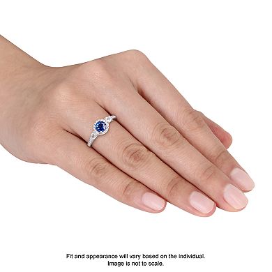 Stella Grace 14k White Gold Blue & White Sapphire & 1/8 Carat T.W. Diamond Halo Ring