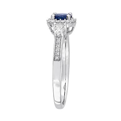 Stella Grace 14k White Gold Blue & White Sapphire & 1/8 Carat T.W. Diamond Halo Ring