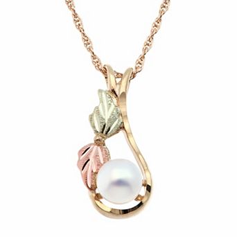 Black Hills Gold Tri Tone Freshwater Cultured Pearl Leaf Teardrop Pendant