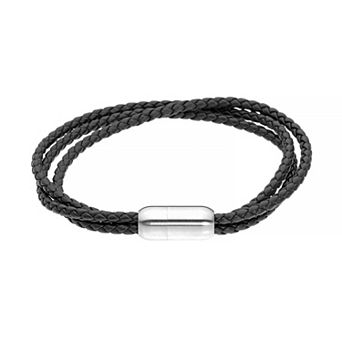 LYNX Men's Stainless Steel Magnetic Lock Leather Bracelet