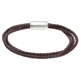 LYNX Men's Stainless Steel Magnetic Lock Leather Bracelet