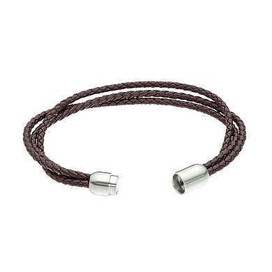 LYNX Men's Stainless Steel Magnetic Lock Leather Bracelet