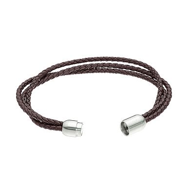 LYNX Men's Stainless Steel Magnetic Lock Leather Bracelet 
