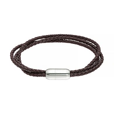LYNX Men's Stainless Steel Magnetic Lock Leather Bracelet