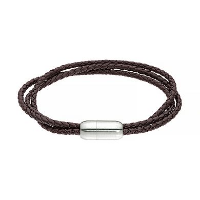 LYNX Men's Stainless Steel Magnetic Lock Leather Bracelet 