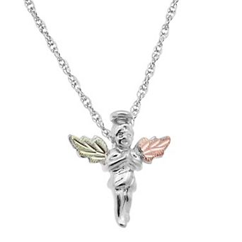 Black Hills Gold Tri Tone Leaf Angel Pendant in Sterling Silver