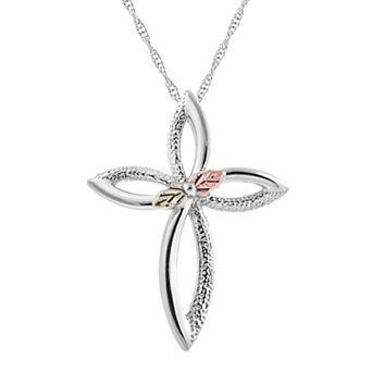 Black Hills Gold Tri Tone Leaf Cross Pendant in Sterling Silver