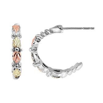Black Hills Gold Tri Tone Leaf Hoop Earrings in Sterling Silver