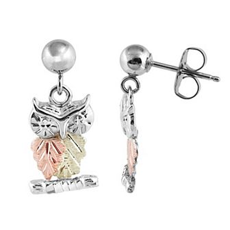 Black Hills Gold Tri Tone Leaf Owl Drop Earrings in Sterling Silver