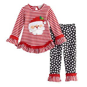 Baby Girl Rare Editions Santa Claus Striped Ruffle Top & Leggings Set