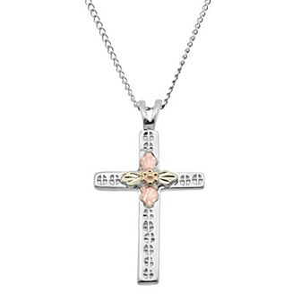 Black Hills Gold Four Tone Leaf Cross Pendant in Sterling Silver