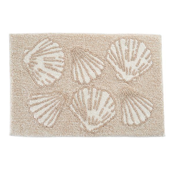 Peppery Home Sea Shell Shaped Bath Mat - beige and white clam bathroom rugs