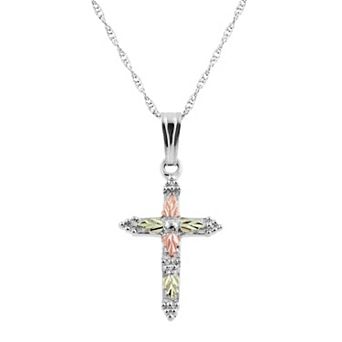 Black Hills Gold Tri Tone Leaf Cross Pendant in Sterling Silver