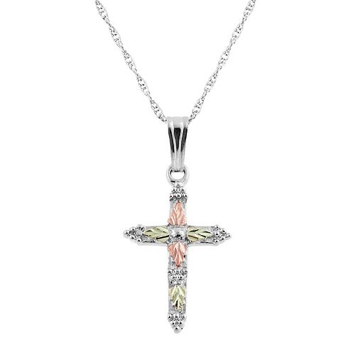 Black Hills Gold Tri Tone Leaf Cross Pendant in Sterling Silver