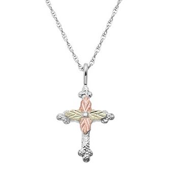 Black Hills Gold Tri Tone Leaf Cross Pendant in Sterling Silver