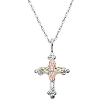 Black Hills Gold Tri Tone Leaf Cross Pendant in Sterling Silver