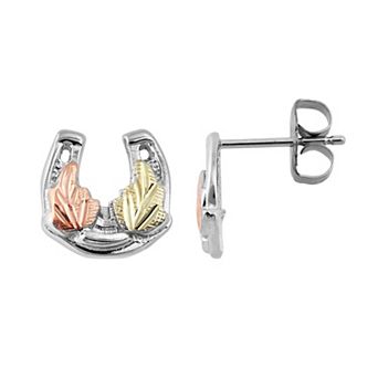 Black Hills Gold Tri Tone Leaf Horseshoe Stud Earrings in Sterling Silver