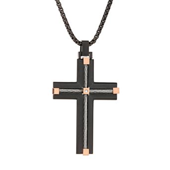 LYNX Men's Black Ion Plated Stainless Steel Cable Cross Pendant