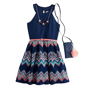 Girls 7-16 & Plus Size Knitworks Chevron Skirt Skater Dress with Necklace & Crossbody Purse