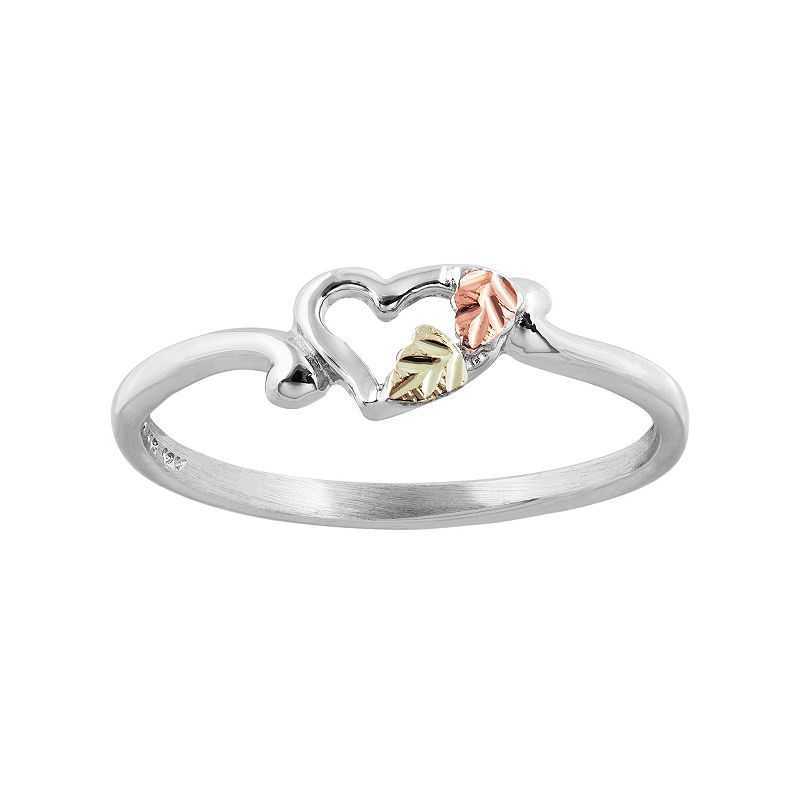Black Hills Gold Tri Tone Leaf Heart Ring in Sterling Silver, Womens, Size