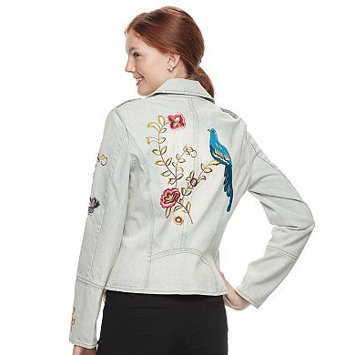 Juniors' Candies® Embroidered Denim Moto Jacket