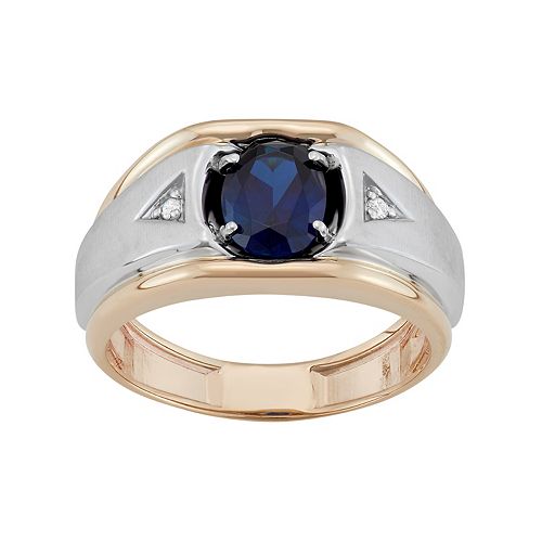 Men's Two Tone 10k Gold LabCreated Sapphire & Diamond Accent Ring