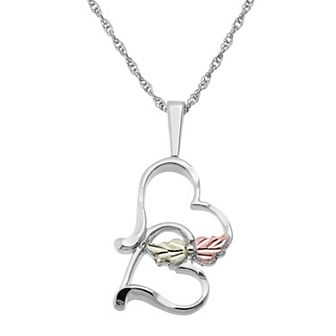 Black Hills Gold Tri Tone Leaf Double Heart Pendant in Sterling Silver
