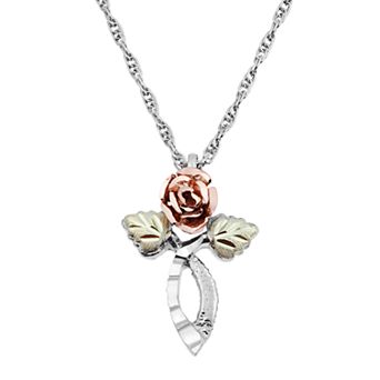 Black Hills Gold Tri Tone Rose Cross Pendant in Sterling Silver