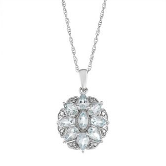 Jewelexcess Sterling Silver Aquamarine & Diamond Accent Flower Pendant