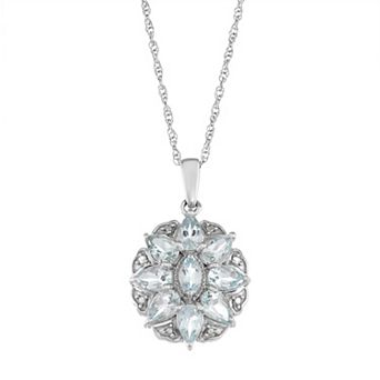 Jewelexcess Sterling Silver Aquamarine & Diamond Accent Flower Pendant