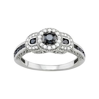 Jewelexcess Sterling Silver 1/2 Carat T.W. Black & White Diamond 3-Stone Halo Ring