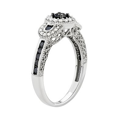 Jewelexcess Sterling Silver 1/2 Carat T.W. Black & White Diamond 3-Stone Halo Ring