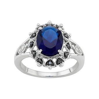 Jewelexcess Sterling Silver Lab-Created Sapphire & Black & White Diamond Accent Ring