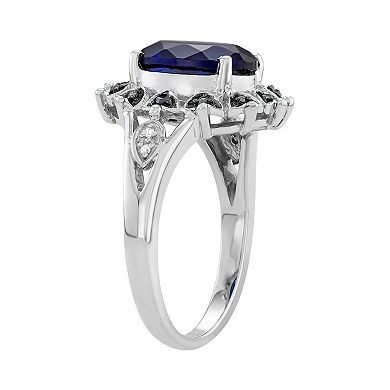 Jewelexcess Sterling Silver Lab-Created Sapphire & Black & White Diamond Accent Ring