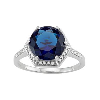 Jewelexcess Sterling Silver Lab-Created Sapphire & 1/10 Carat T.W. Diamond Halo Ring