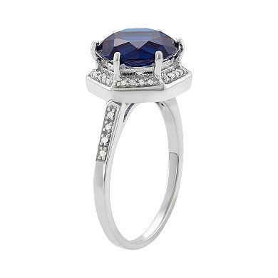 Jewelexcess Sterling Silver Lab-Created Sapphire & 1/10 Carat T.W. Diamond Halo Ring