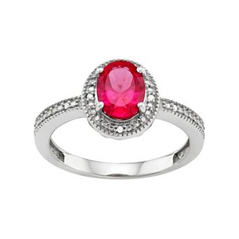 Jewelexcess Sterling Silver Lab-Created Ruby & Diamond Accent Oval Halo Ring