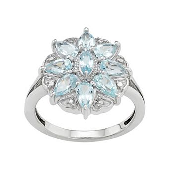 Jewelexcess Sterling Silver Aquamarine & Diamond Accent Flower Ring