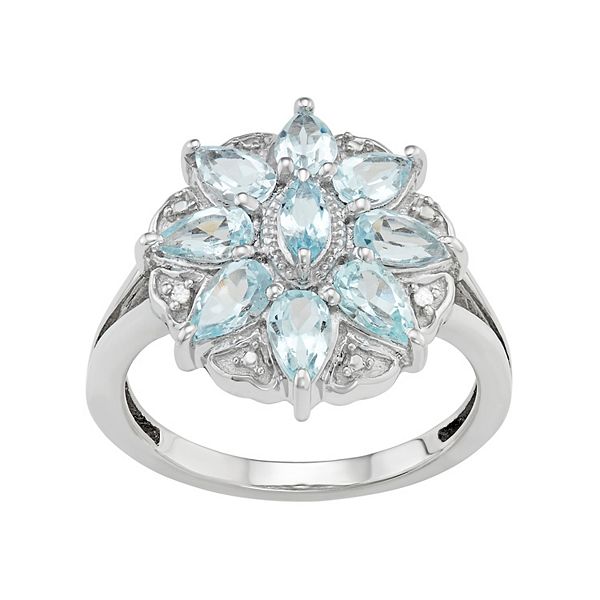 Jewelexcess Sterling Silver Aquamarine & Diamond Accent Flower Ring