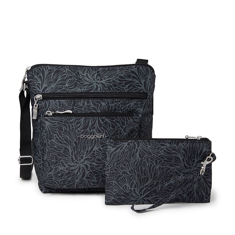 Baggallini Pocket Crossbody Bag with RFID-Blocking Wristlet, Black Blossom Print