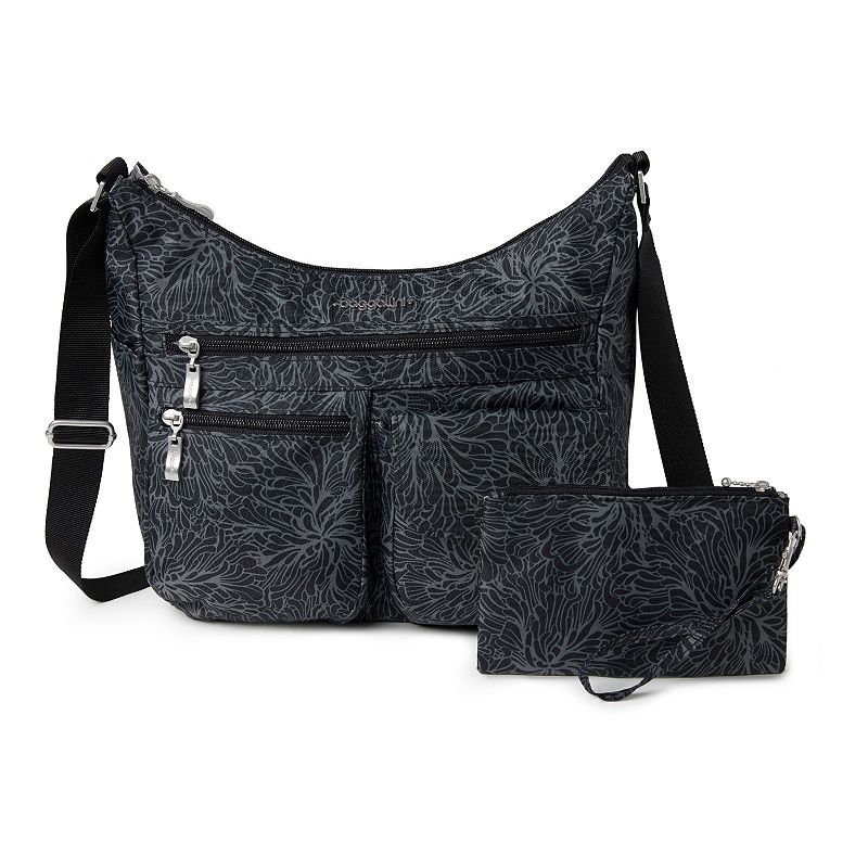 Baggallini Everywhere Bagg Crossbody Bag with RFID-Blocking Wristlet, Black Blossom Print